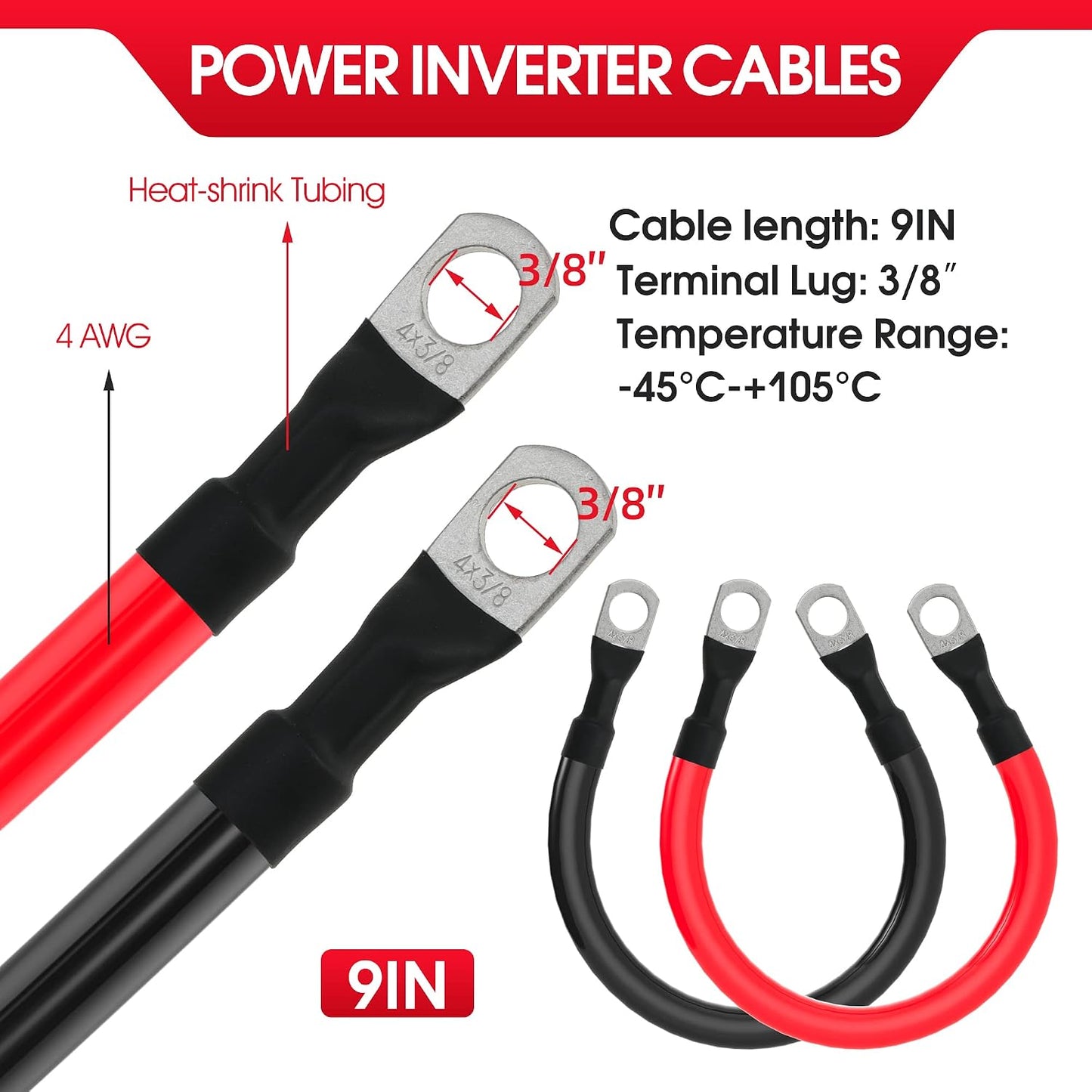 Cable batería 4AWG cobre puro 3/8pulg terminales set inversor