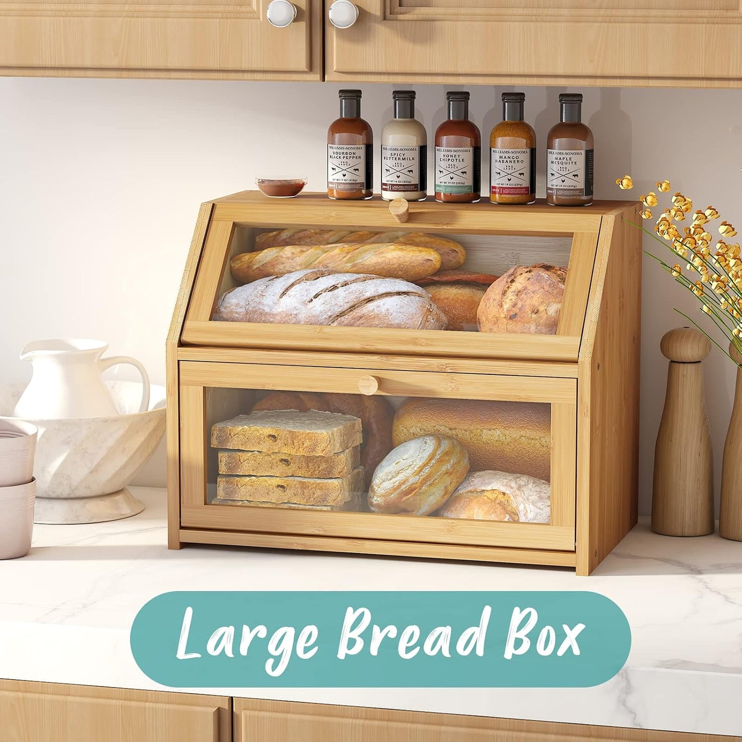 Caja pan madera bambú encimera cocina gran capacidad