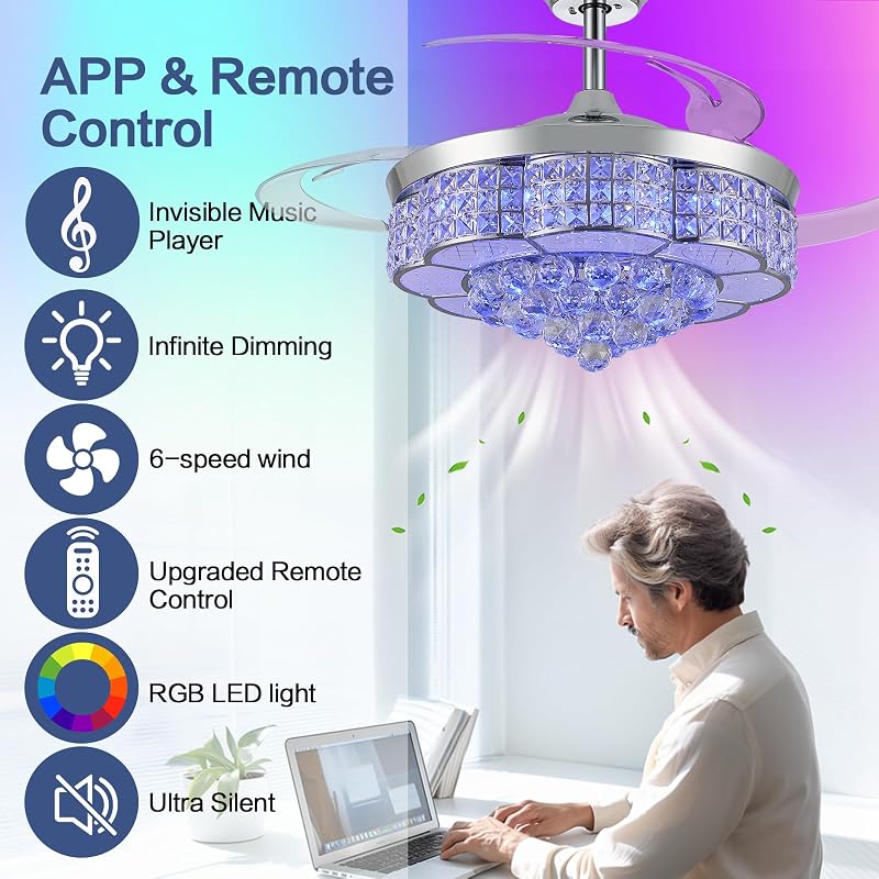 Ventilador techo cristal RGB 36" luz Bluetooth 6 vel