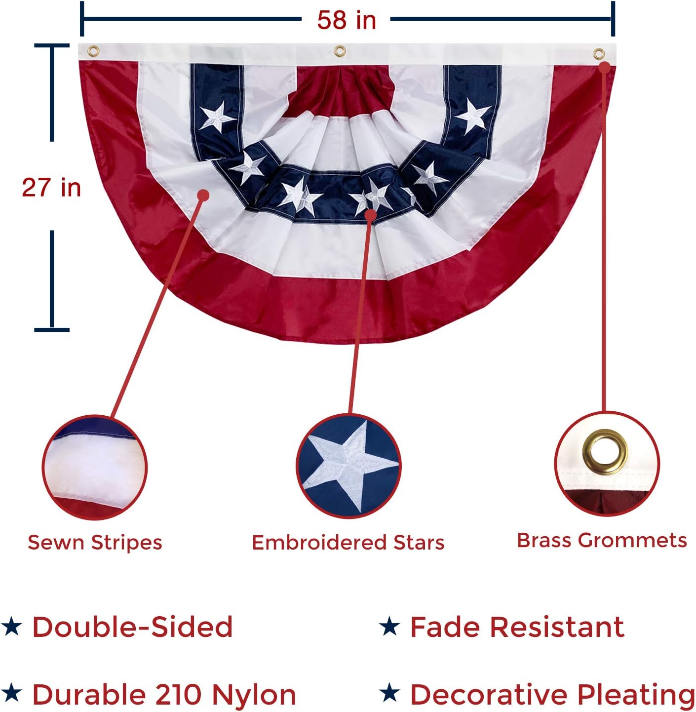 Bandera plisada nailon 58x27" estrellas bordadas 4 de julio