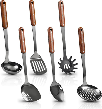 Set 6 Utensilios Acero Inox con Mango Madera Resistentes Calor