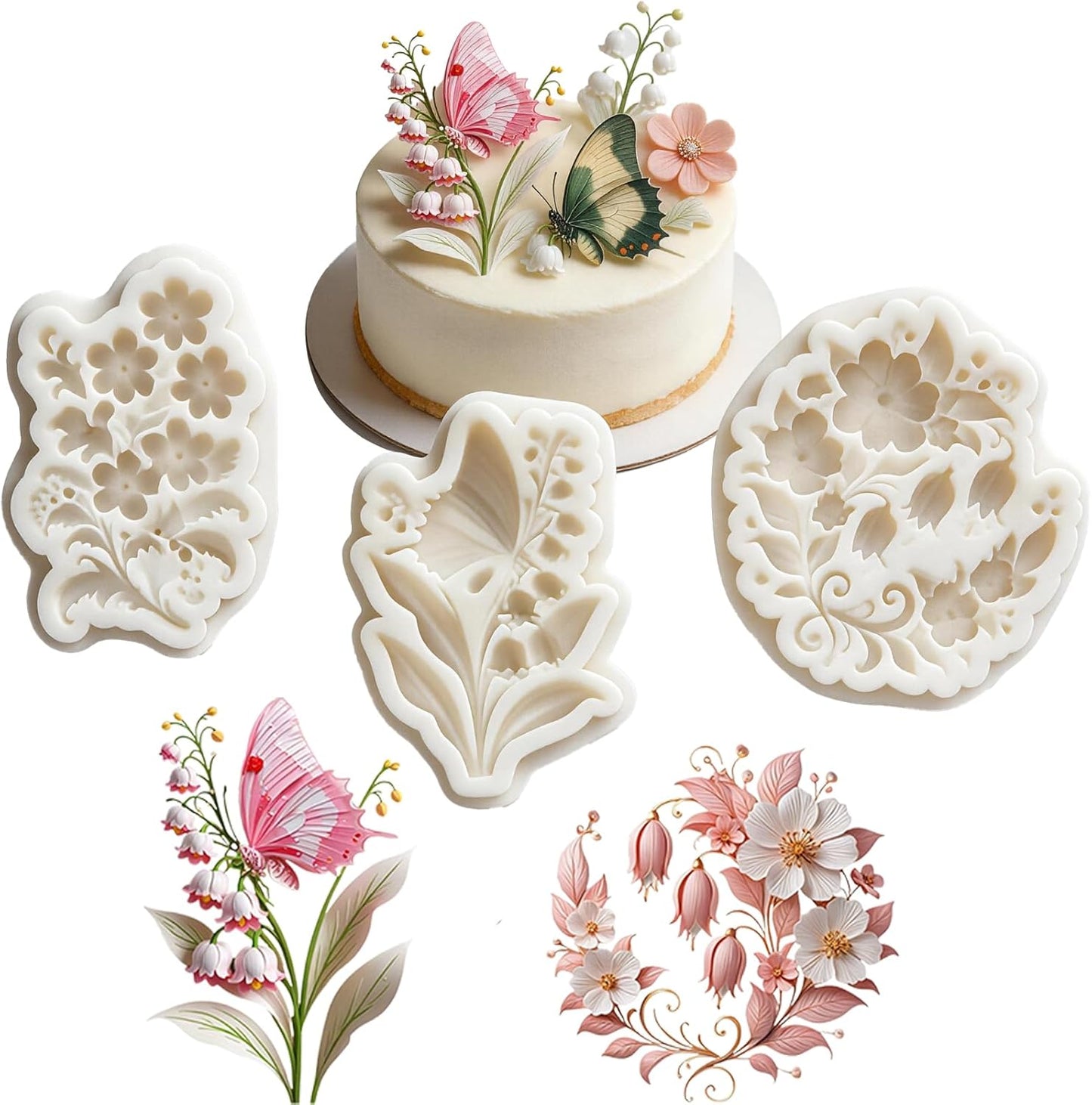 3 Moldes Silicona Decoración Pasteles Cerezo Cornejo Lirio Valle