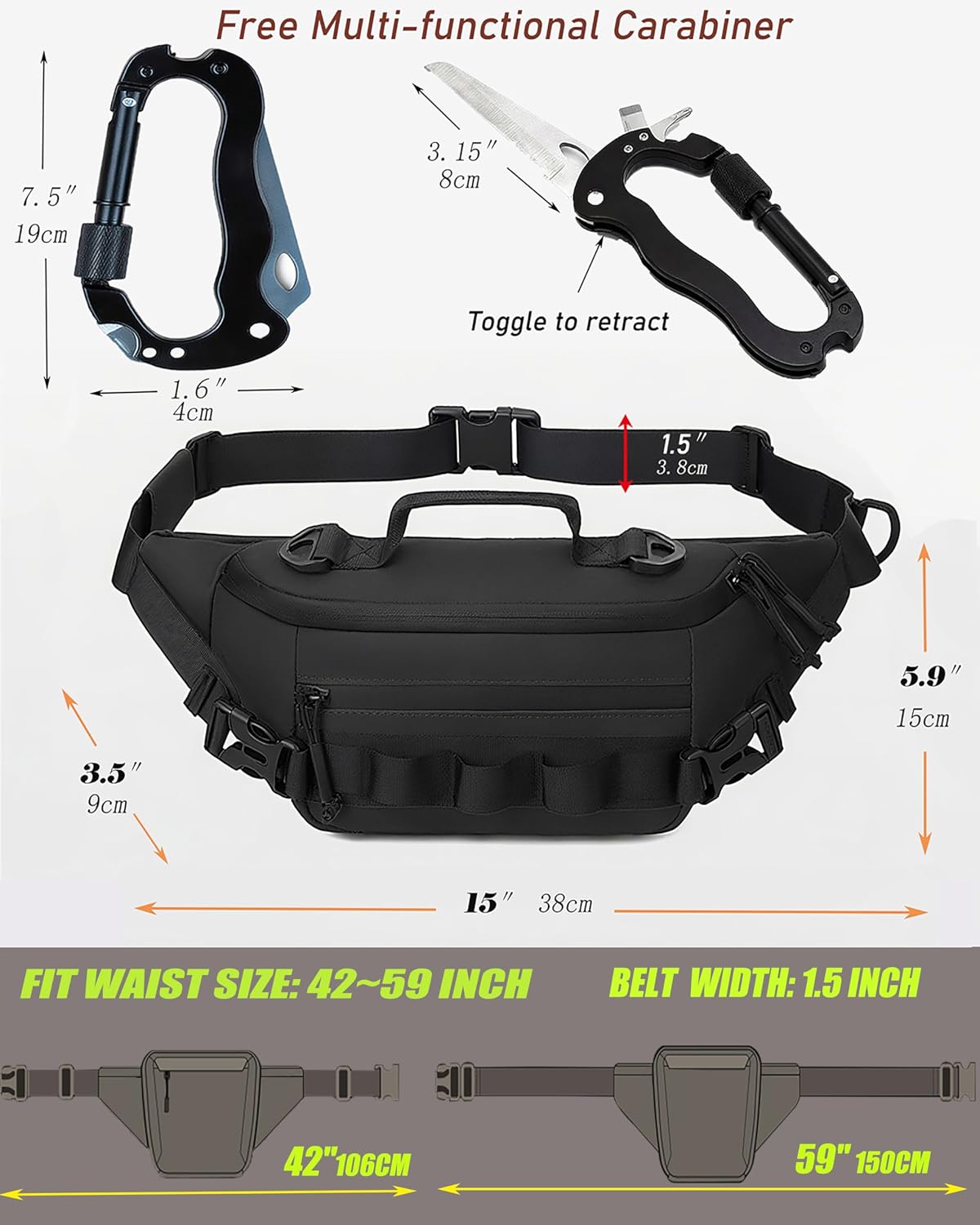 Cangurera hombre bolsa cinturón EDC antirrobo 42-59"