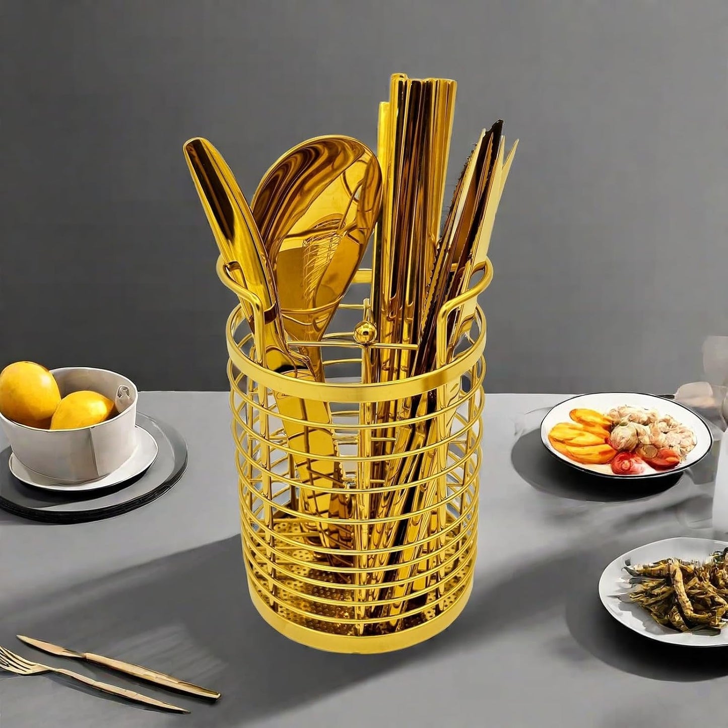 Organizador cocina dorado soporte utensilios cestas acero inox