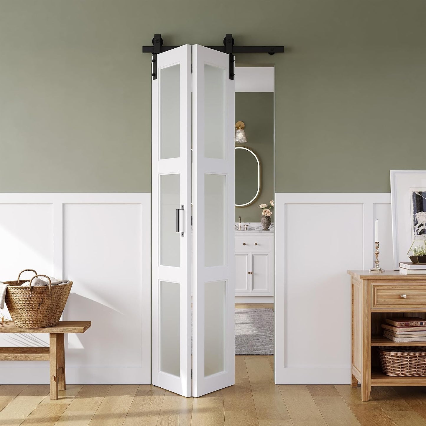 Puerta granero bifold 28x84pulg vidrio esmerilado con