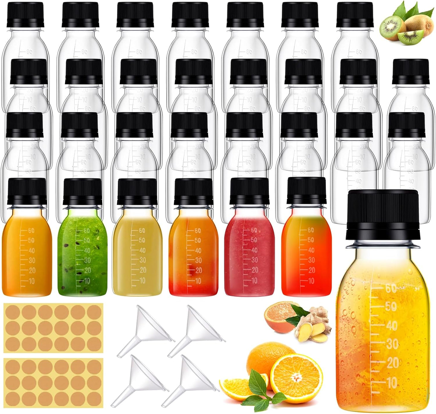 42 Botellas Plástico 2oz con Tapas Escala para Salsa Jengibre