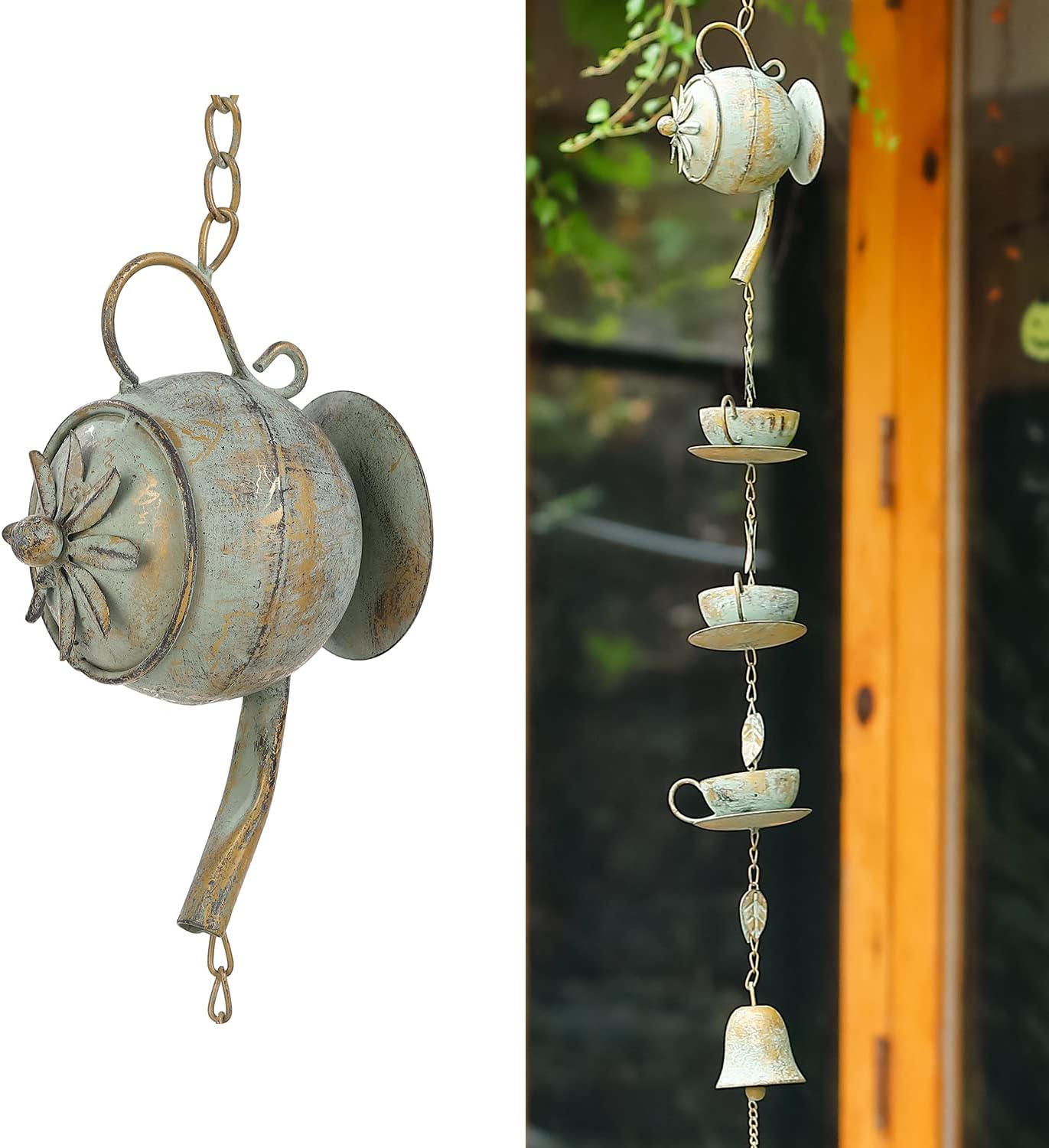 Tetera y tazas 40pulg campanilla lluvia pátina verde
