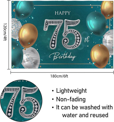 Fondo pancarta feliz cumpleaños 75 años 6x4ft verde plateado