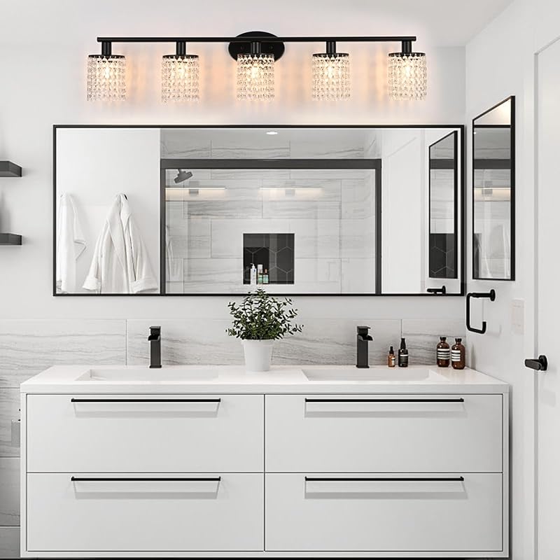 Lámpara baño 5 luces cristal negro moderna sobre espejo