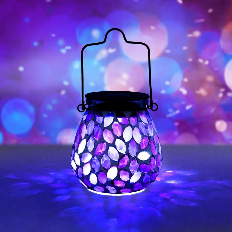 Farol solar mosaico impermeable luz morada decoración exterior