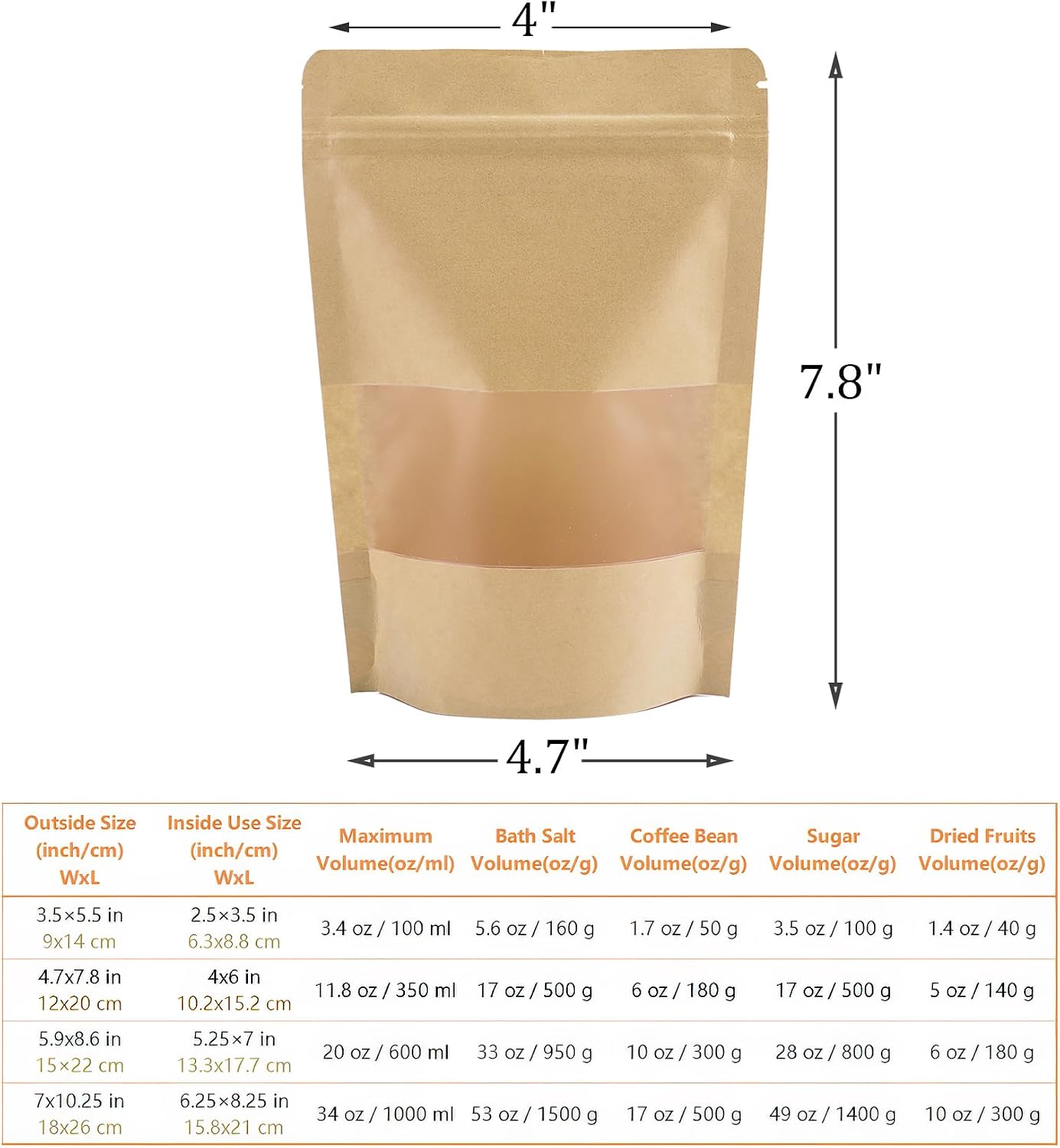 150 Bolsas Kraft 4.7x7.8pulg Con Cierre Resellable Ventana