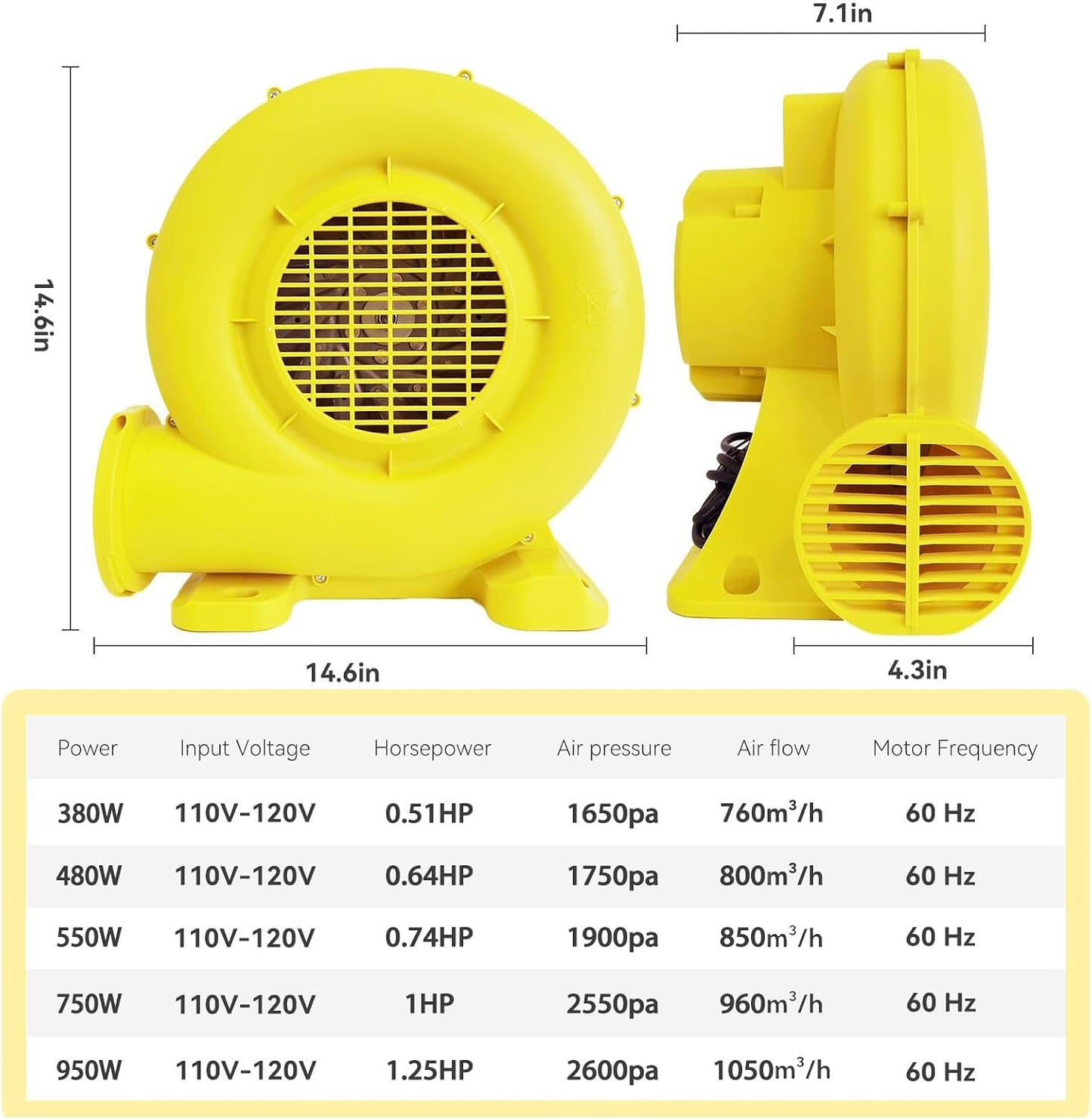 Soplador aire 550W para inflables casa burbujas toboganes