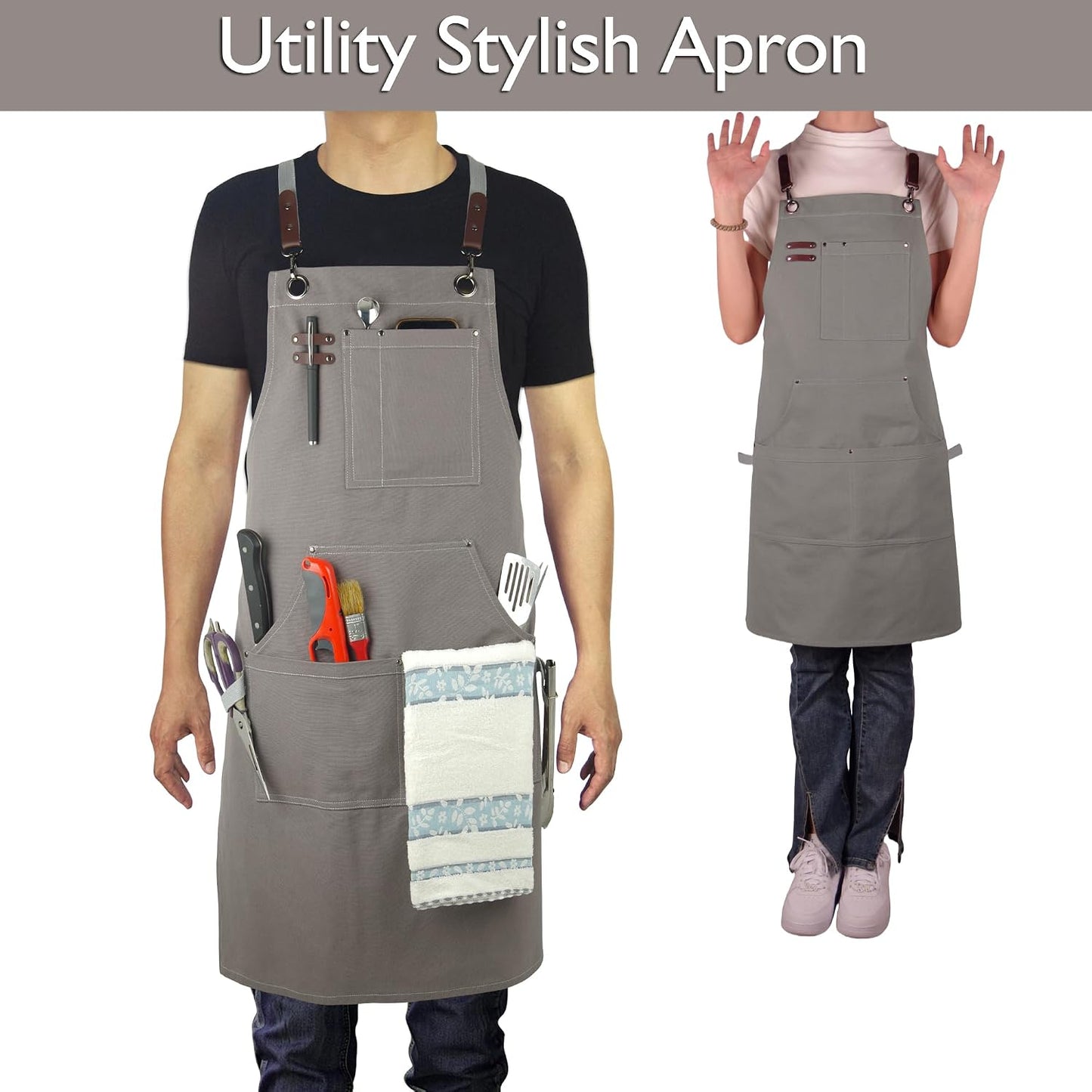 Delantal trabajo algodón ajustable gris