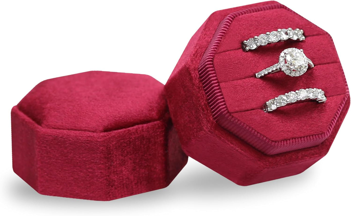 Caja terciopelo joyas triple ranura octágono rojo merlot