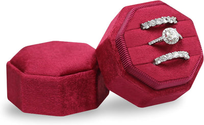 Caja terciopelo joyas triple ranura octágono rojo merlot