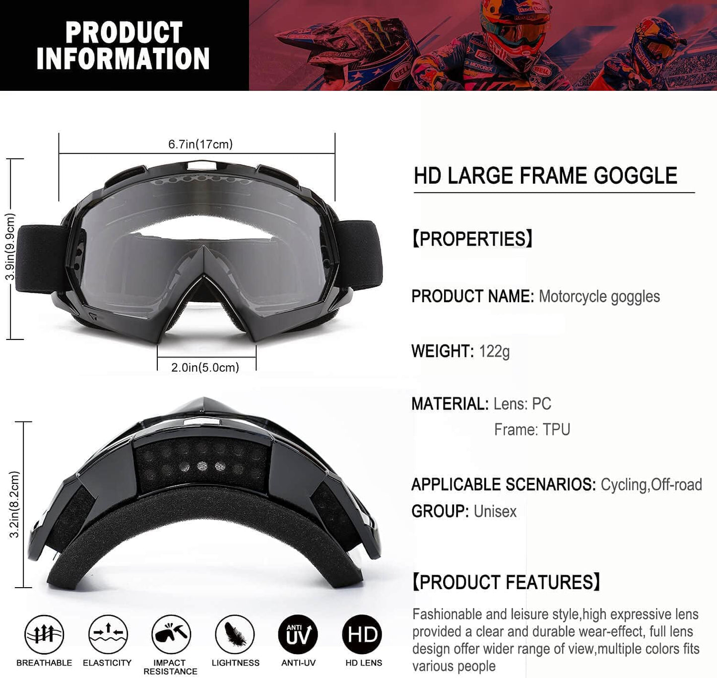 Gafas motocicleta UV400 resistentes viento polvo ajustables