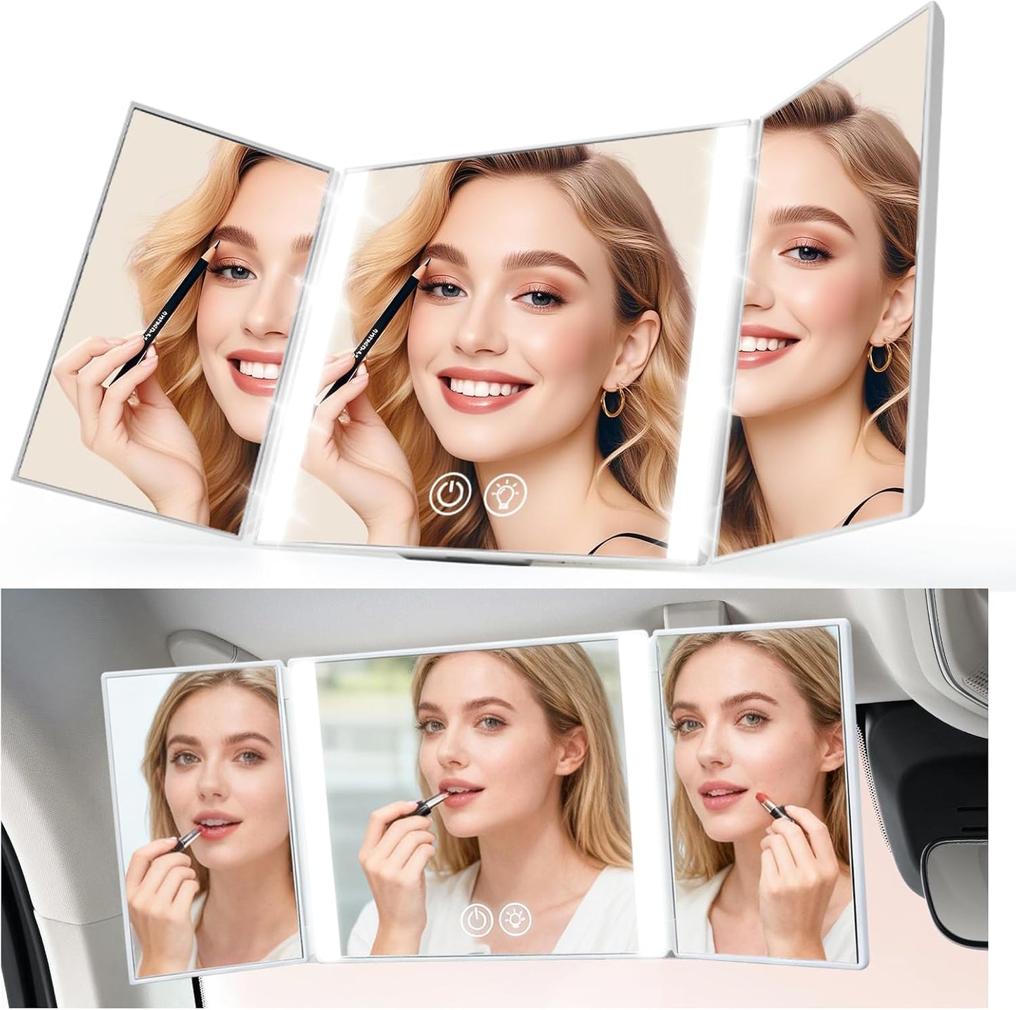 Espejo maquillaje coche 3 modos luz visera recargable