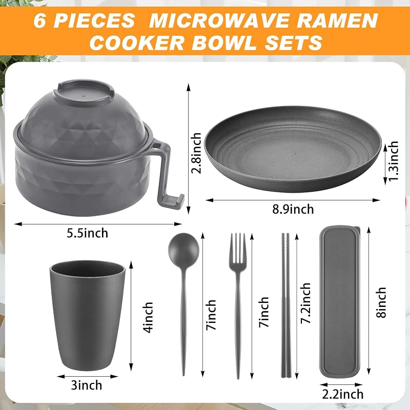 Set 6 Pzas Cocedor Ramen Microondas 40oz Platos Tazas Cubiertos