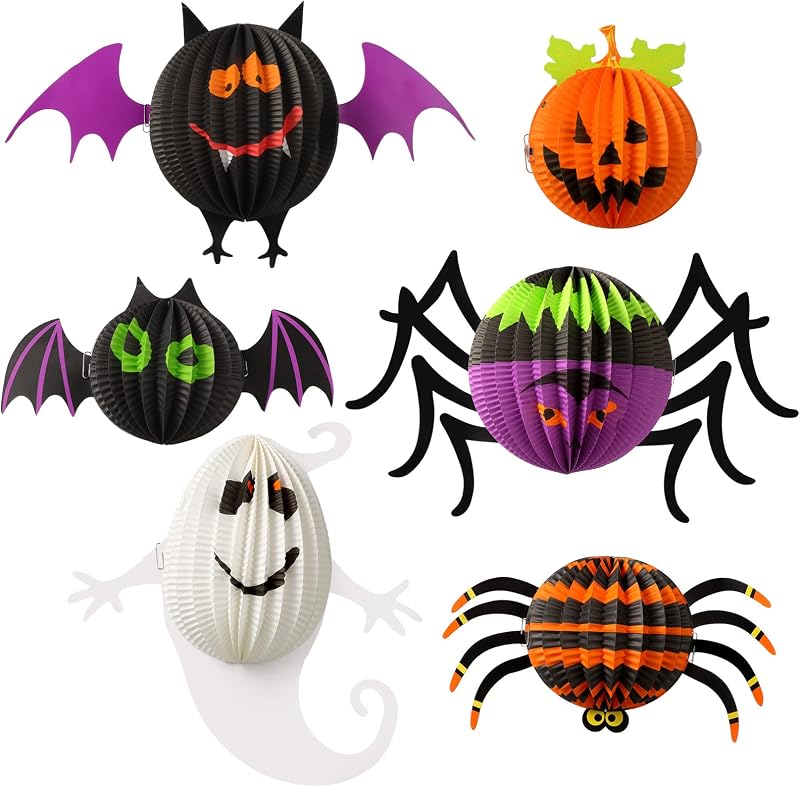 6 Faroles Halloween 3D Panal Abeja Murciélago Calabaza Plegable