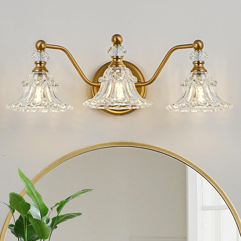 Lámpara baño vintage 3 luces pantalla cristal latón antiguo