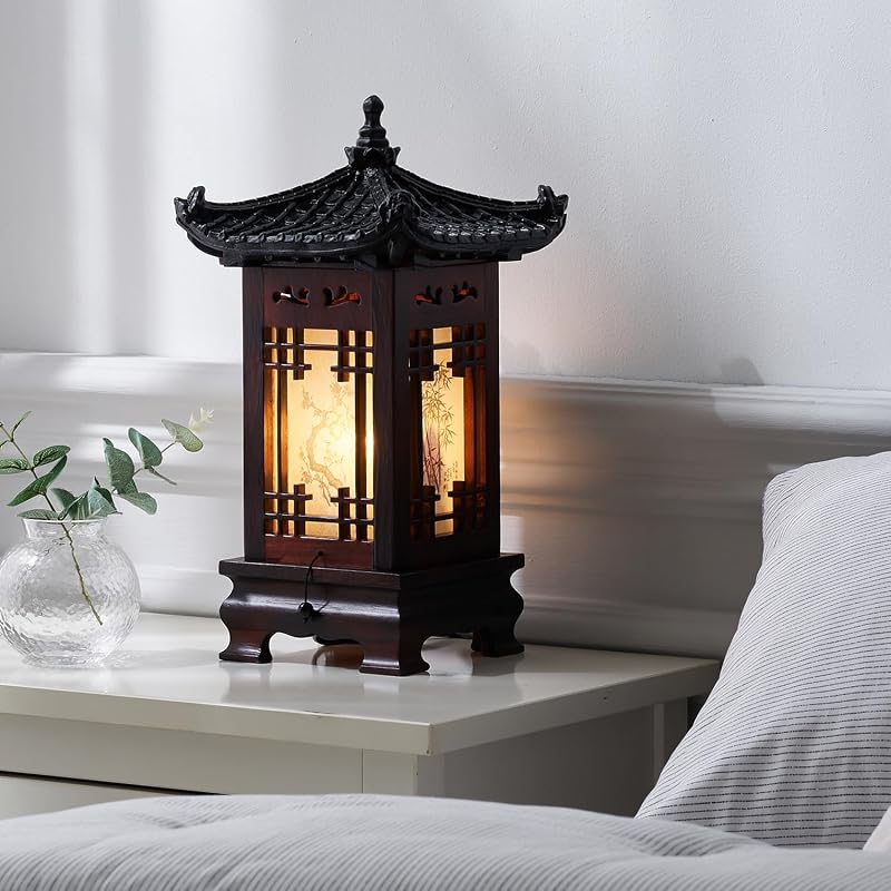 Lámpara madera coreana mesa acento pagoda marrón