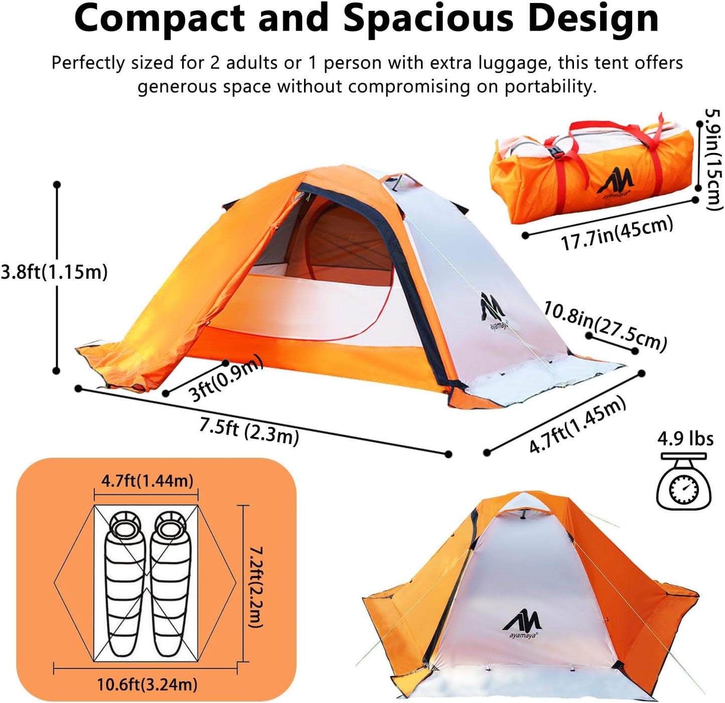 Tienda campaña doble capa 2 personas invierno impermeable