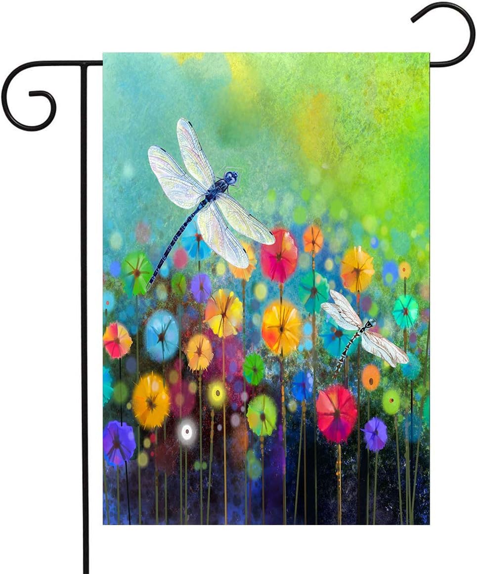 Bandera jardín flores verano libélula 12x18" doble cara