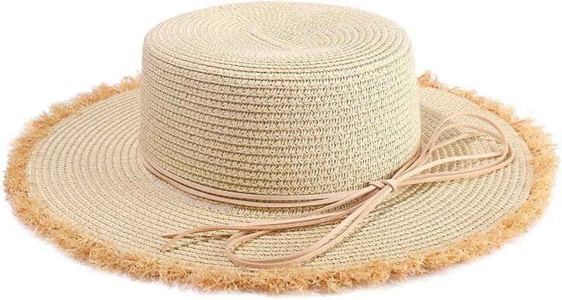 Sombrero paja mujer ala ancha nudo lazo flecos UPF 50