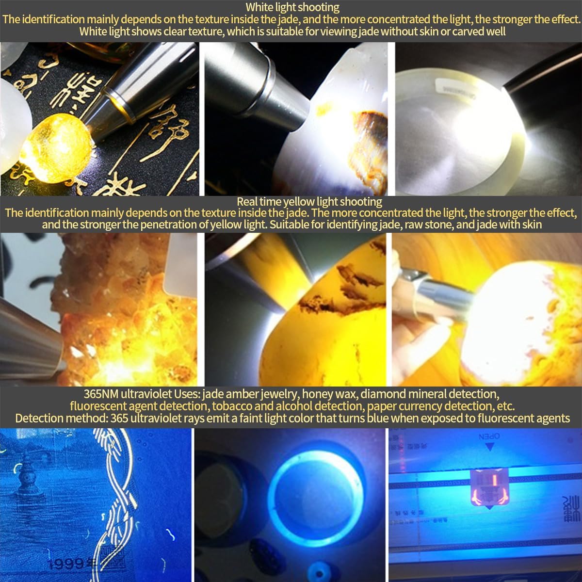 Linterna luz fuerte 6 en 1 con luz UV 365nm y LED 395nm