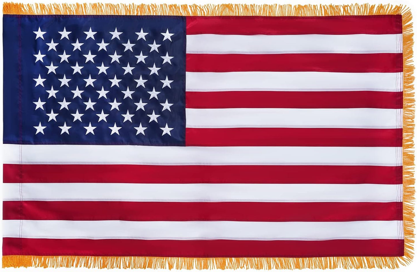 Bandera EE.UU. con flecos dorados 4x6ft para interiores