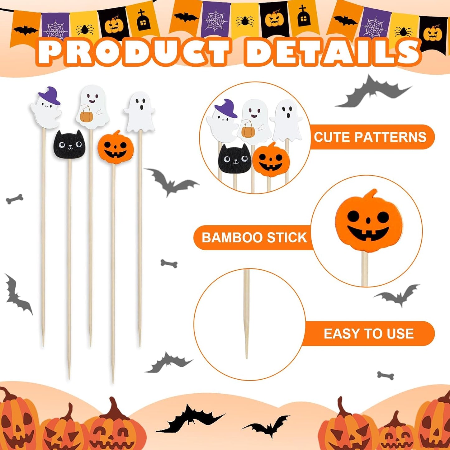 200 Palillos Bambú Halloween 4.7pulg Calabaza Gato Fantasma