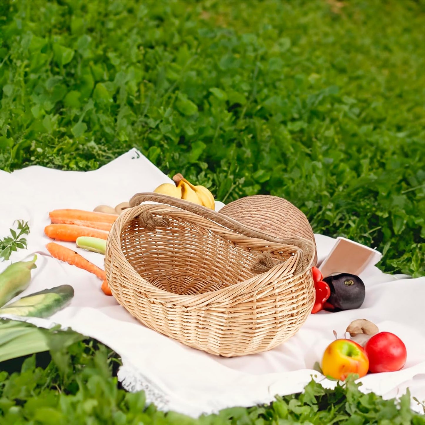Cesta mimbre con mango yute para jardín picnic 17x12x5pulg