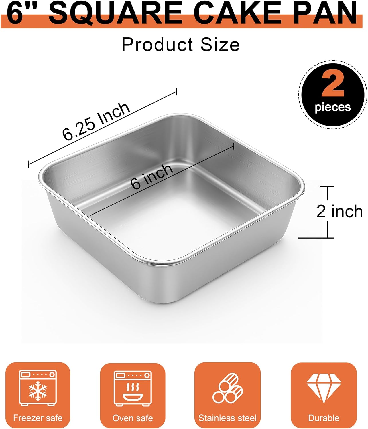 2 Moldes Cuadrados Acero Inox 6x6pulg para Hornear