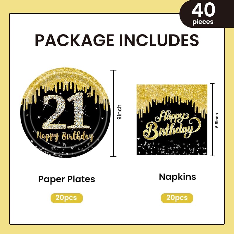 40 Platos y Servilletas Cumpleaños 21 Dorados para Niños