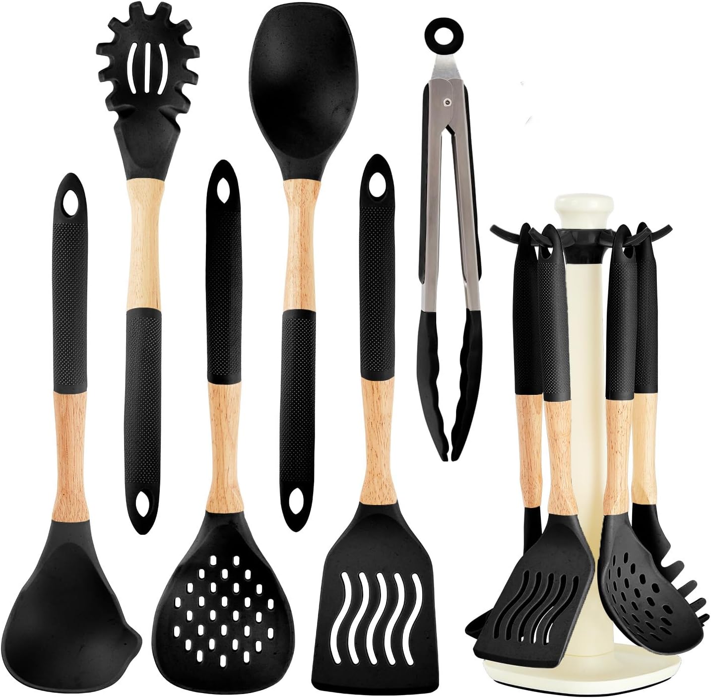 Set 7 Utensilios Silicona Antiadherentes con Soporte Negro