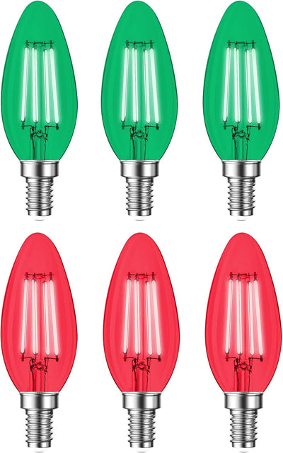 6 Pzas Bombillas LED E12 Vintage Rojas y Verdes Navidad
