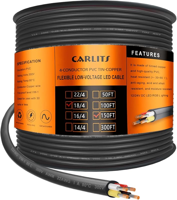 Cable eléctrico 18/4 negro trenzado 150ft funda PVC
