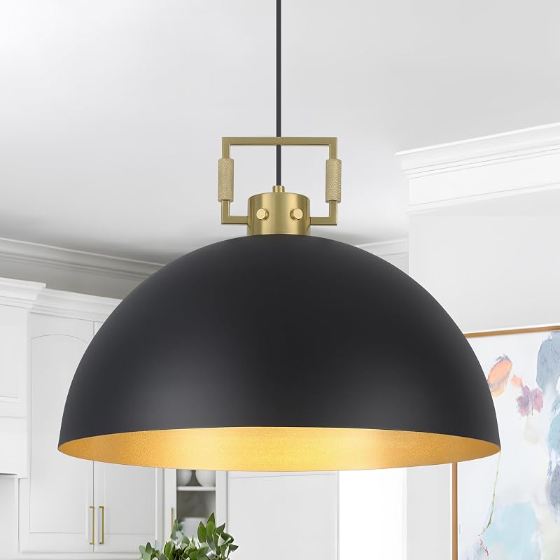 Lámpara colgante isla cocina 16pulg cúpula negra y dorada