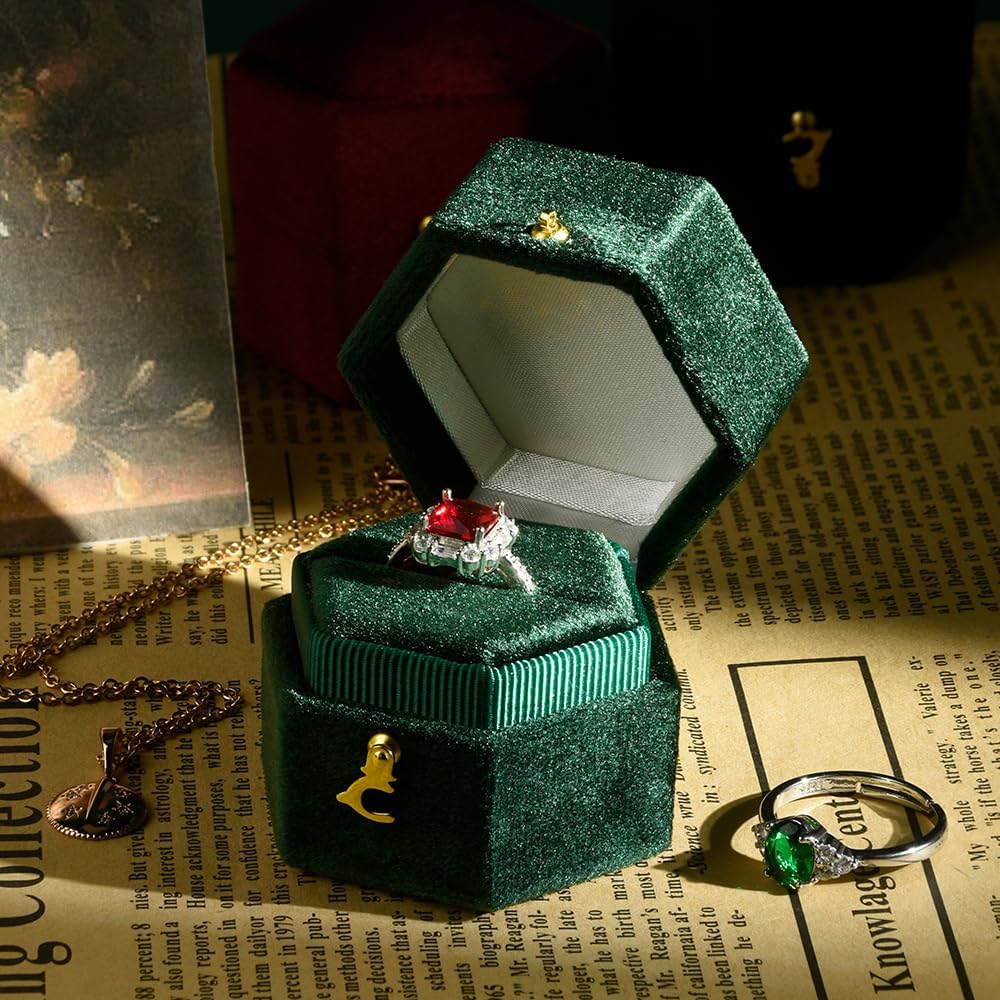 Caja anillos terciopelo hexagonal para compromiso boda