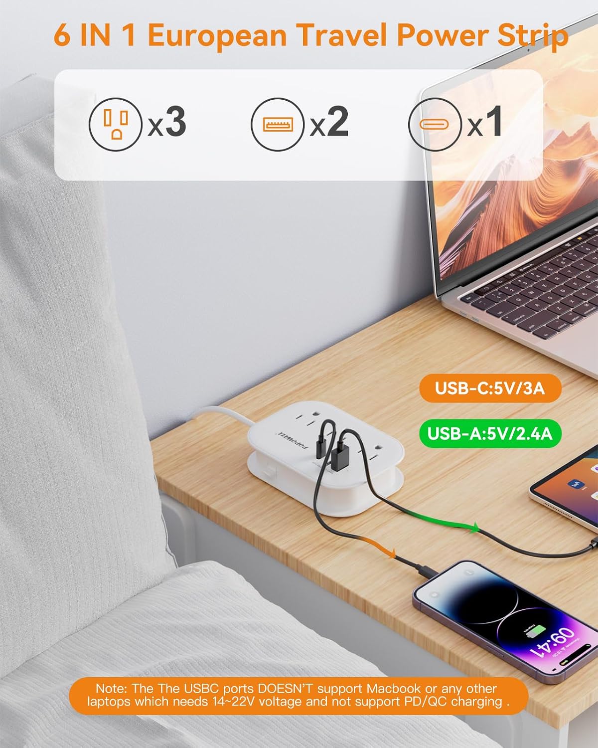 Adaptador enchufe viaje tipo C EE.UU. a UE con 3 salidas USB