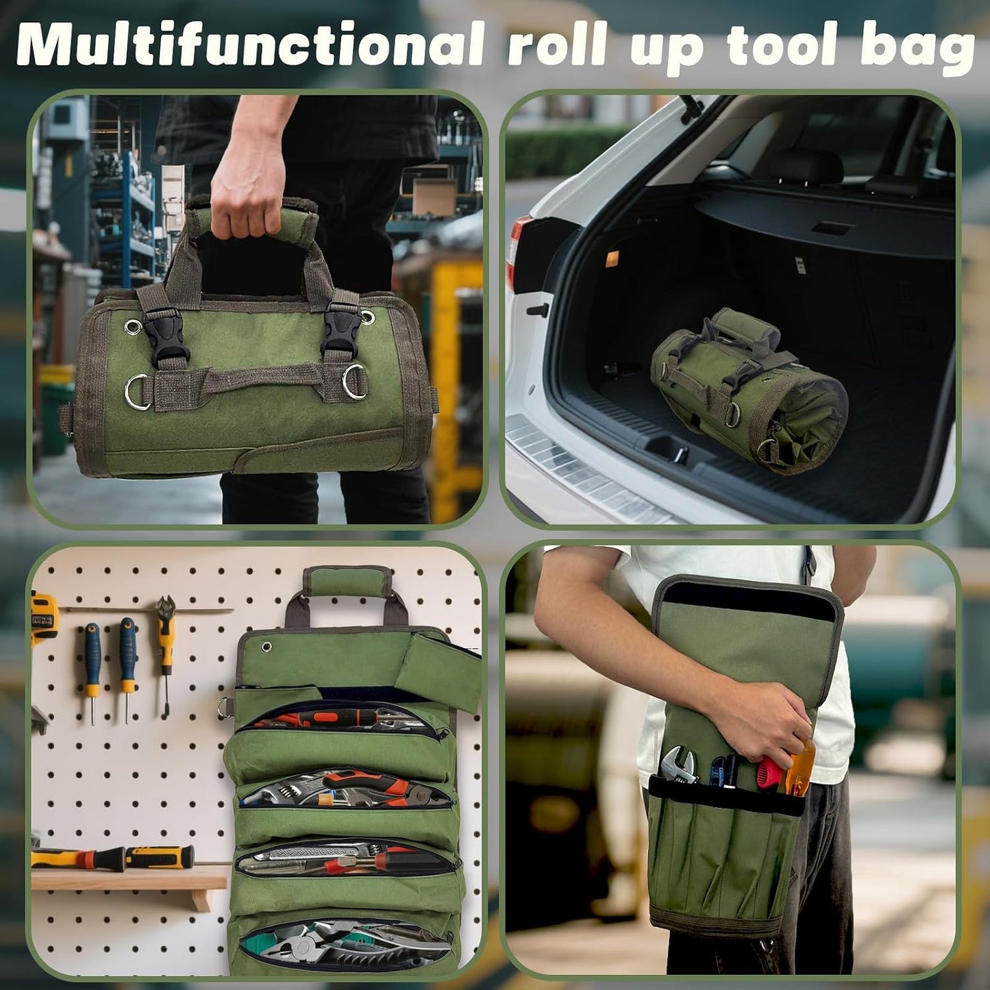 Bolsa herramientas enrollable 11 bolsillos plegable verde