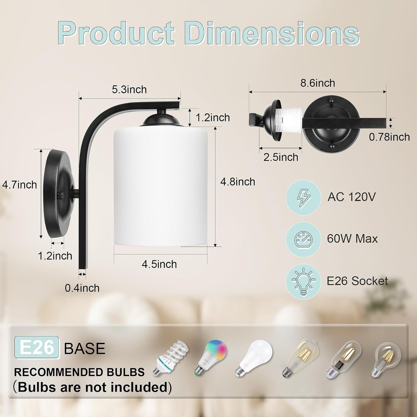 Aplique pared 2 luces negra mate para baño dormitorio cocina