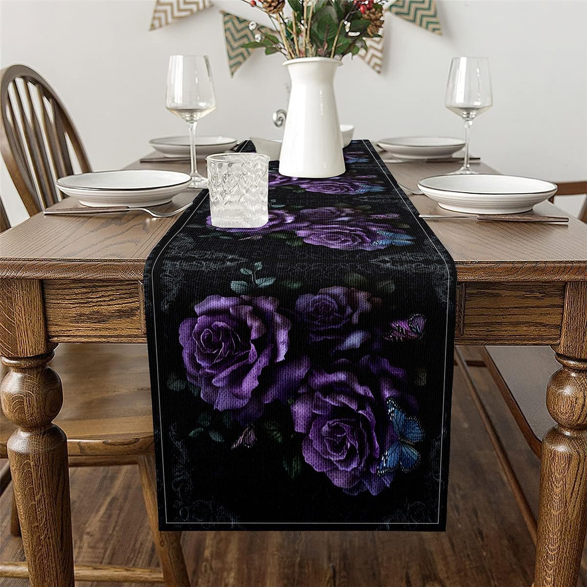 Camino mesa rosas moradas 13x72pulg mariposas hojas bohemio