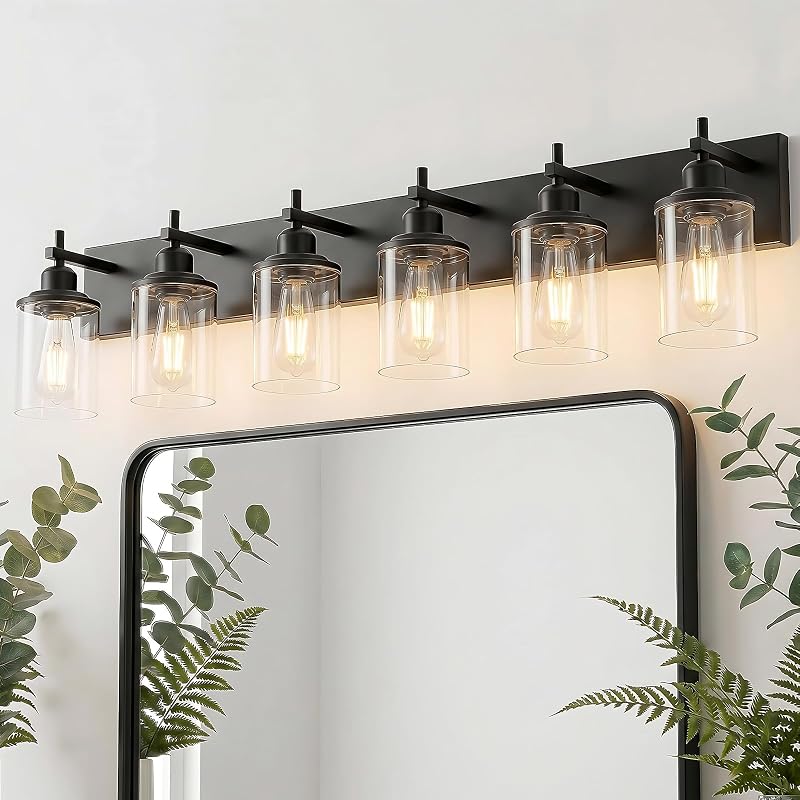 Lámpara baño 6 luces negra moderna pantalla vidrio