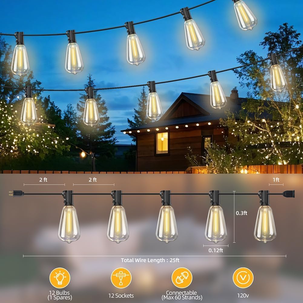 Tira luces exterior 25ft LED 121 E12 2700K blanco cálido jardín