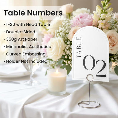 Mesa de boda minimalista con arco numérico del 1 al 20 y papel texturizado de 4 x 6 pulgadas