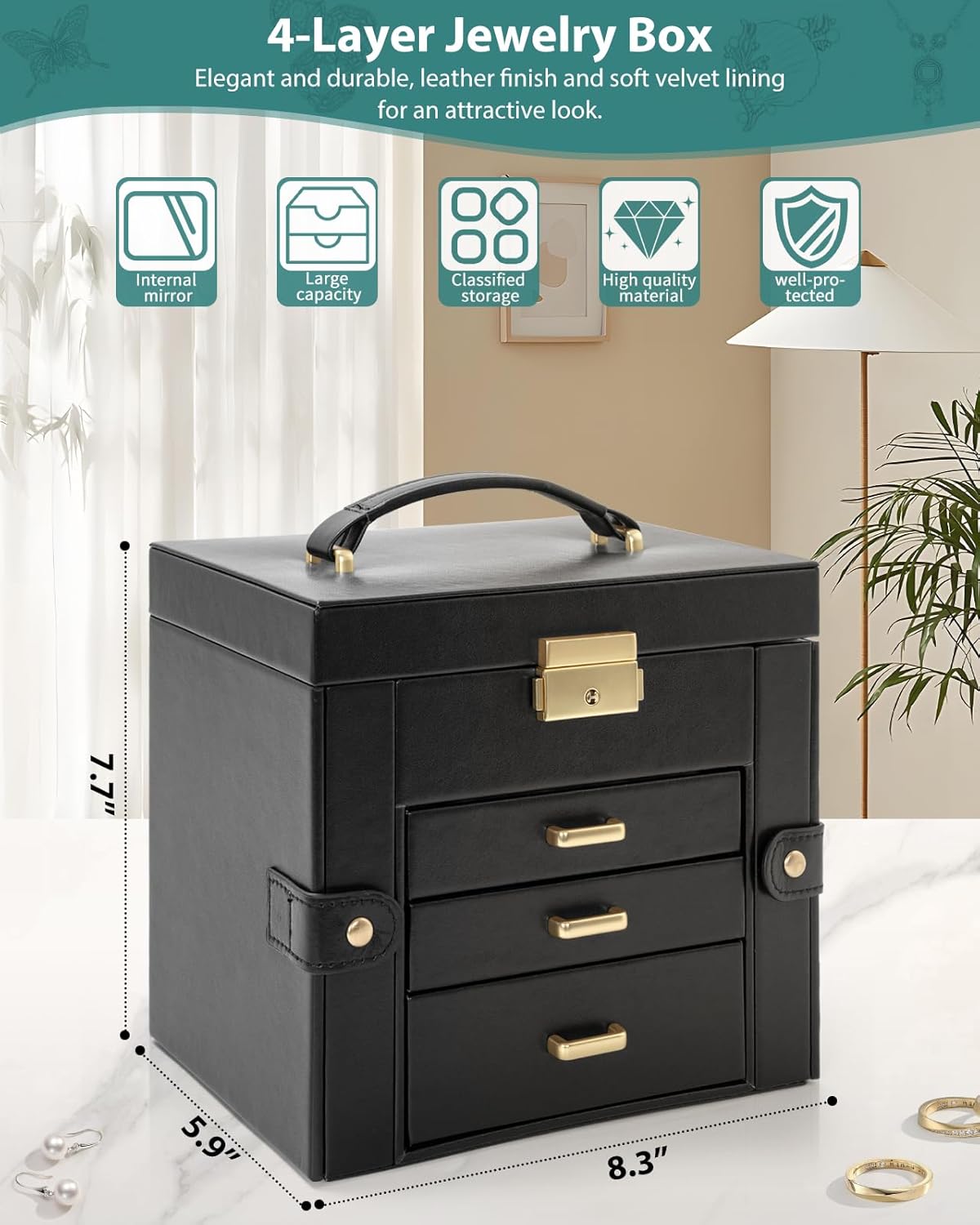 Caja joyas 4 niveles cuero con cajones y cerradura