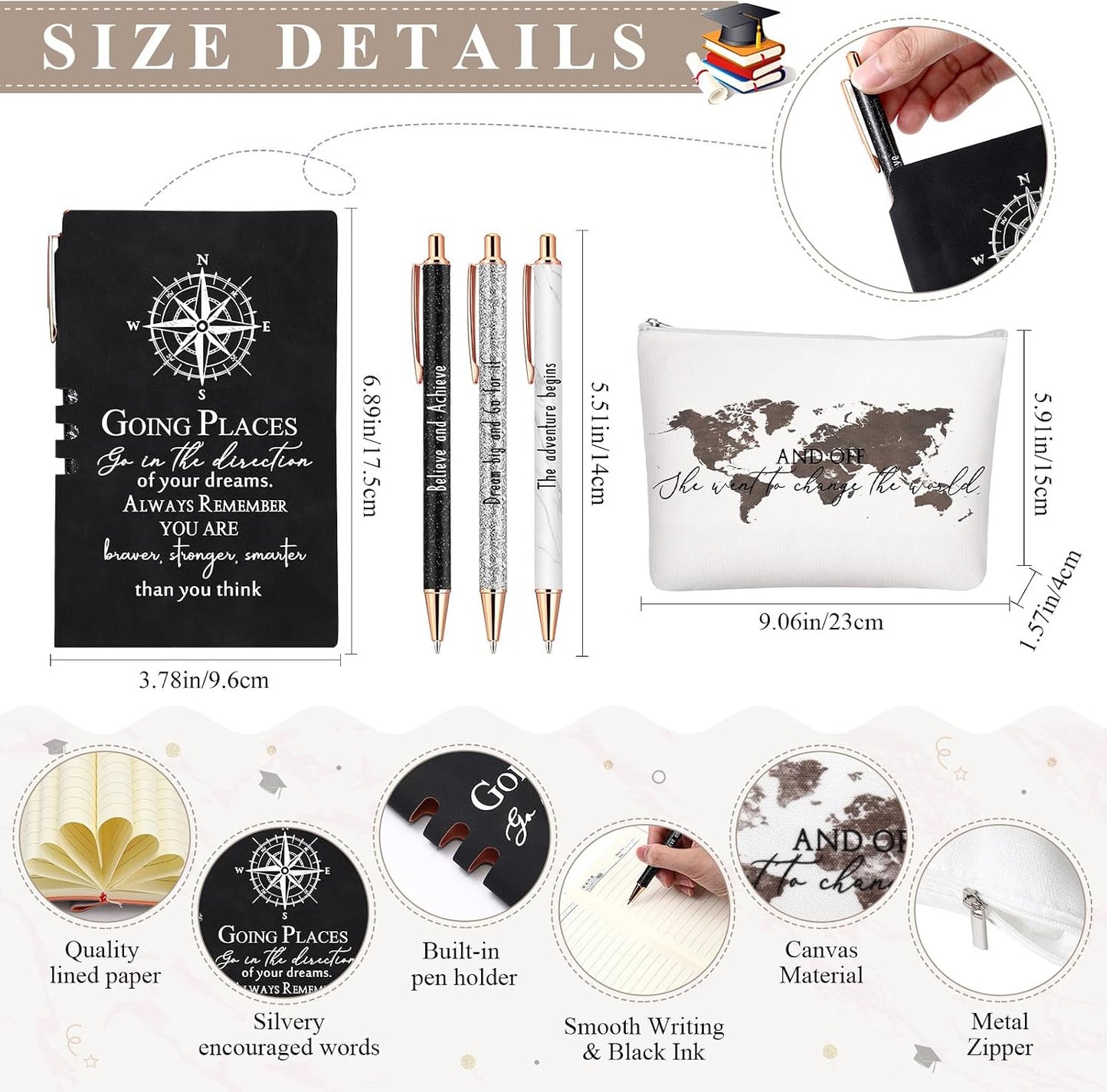 Set 6 Bolsa Vidrio 16oz Maquillaje Brújula Diario Negro