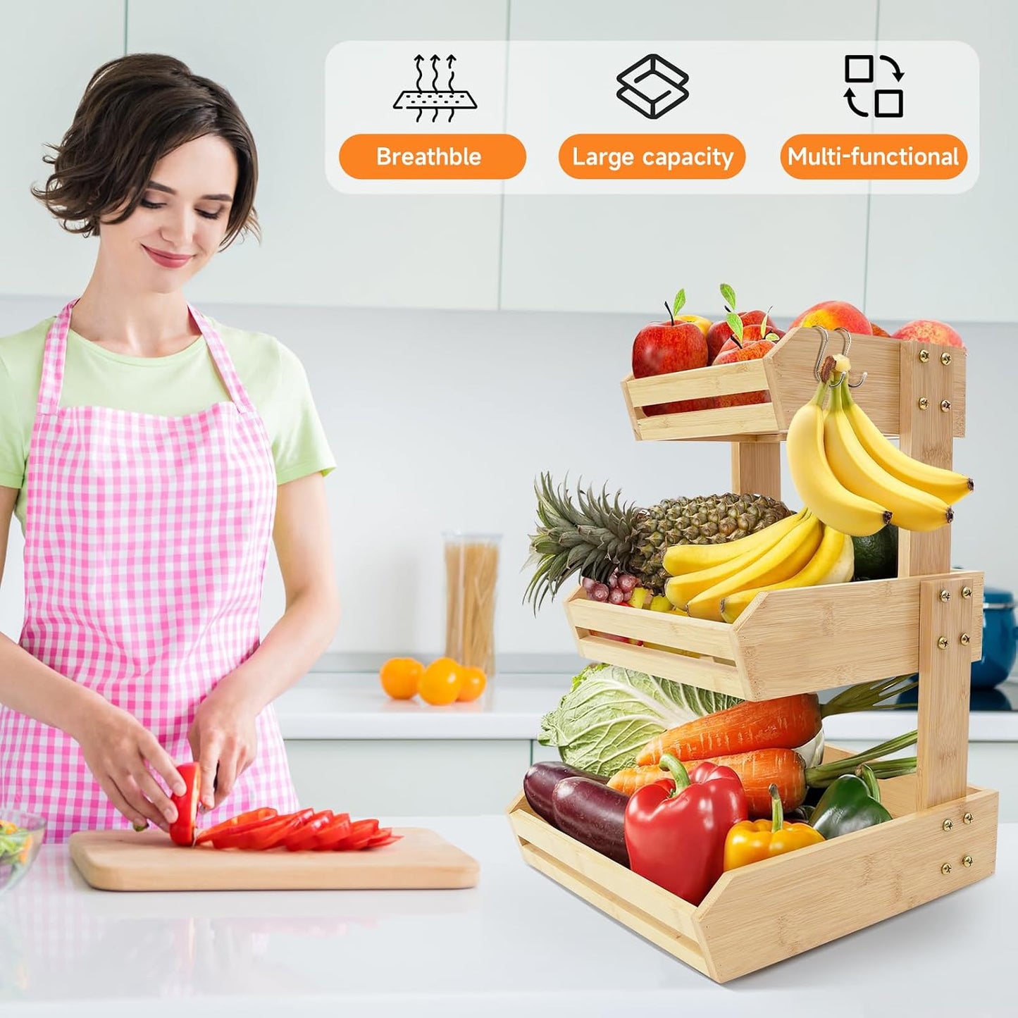 Soporte bambú 3 niveles para frutas y verduras con gancho plátano