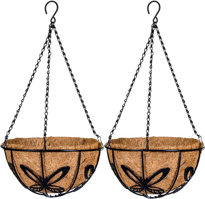 Maceta colgante metal fibra coco 10pulg patrón mariposa set 2
